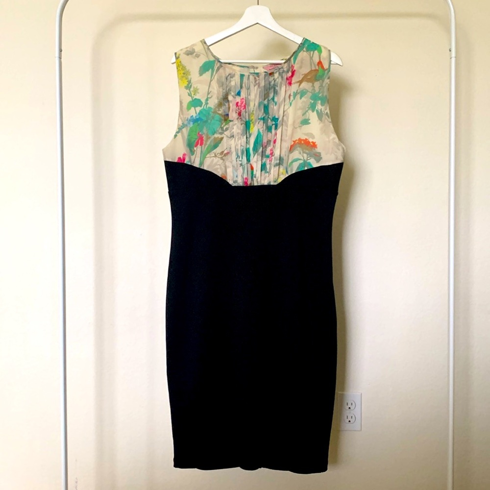Ted Baker Sz 5 (12 US) tailor sheath dress floral/ solid pleated top